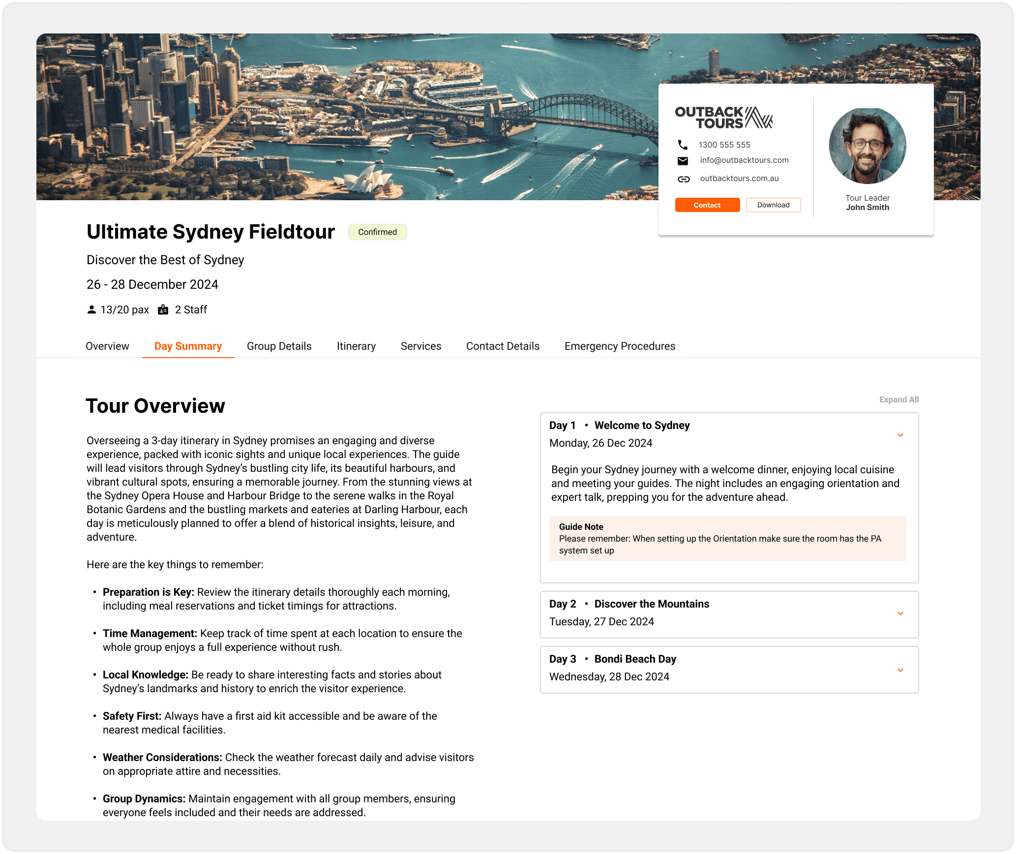 An example guide run sheet/guidebook generated by Fieldbook