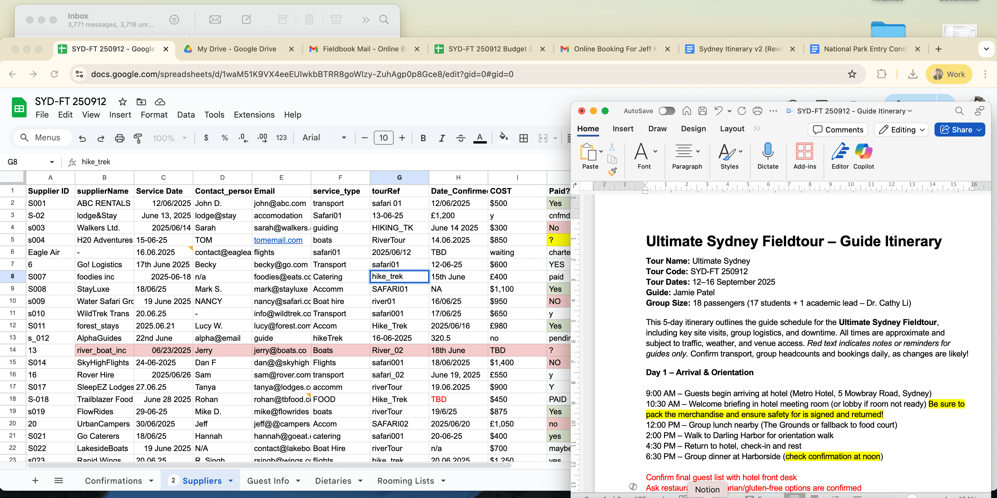Using Excel as a tour management system