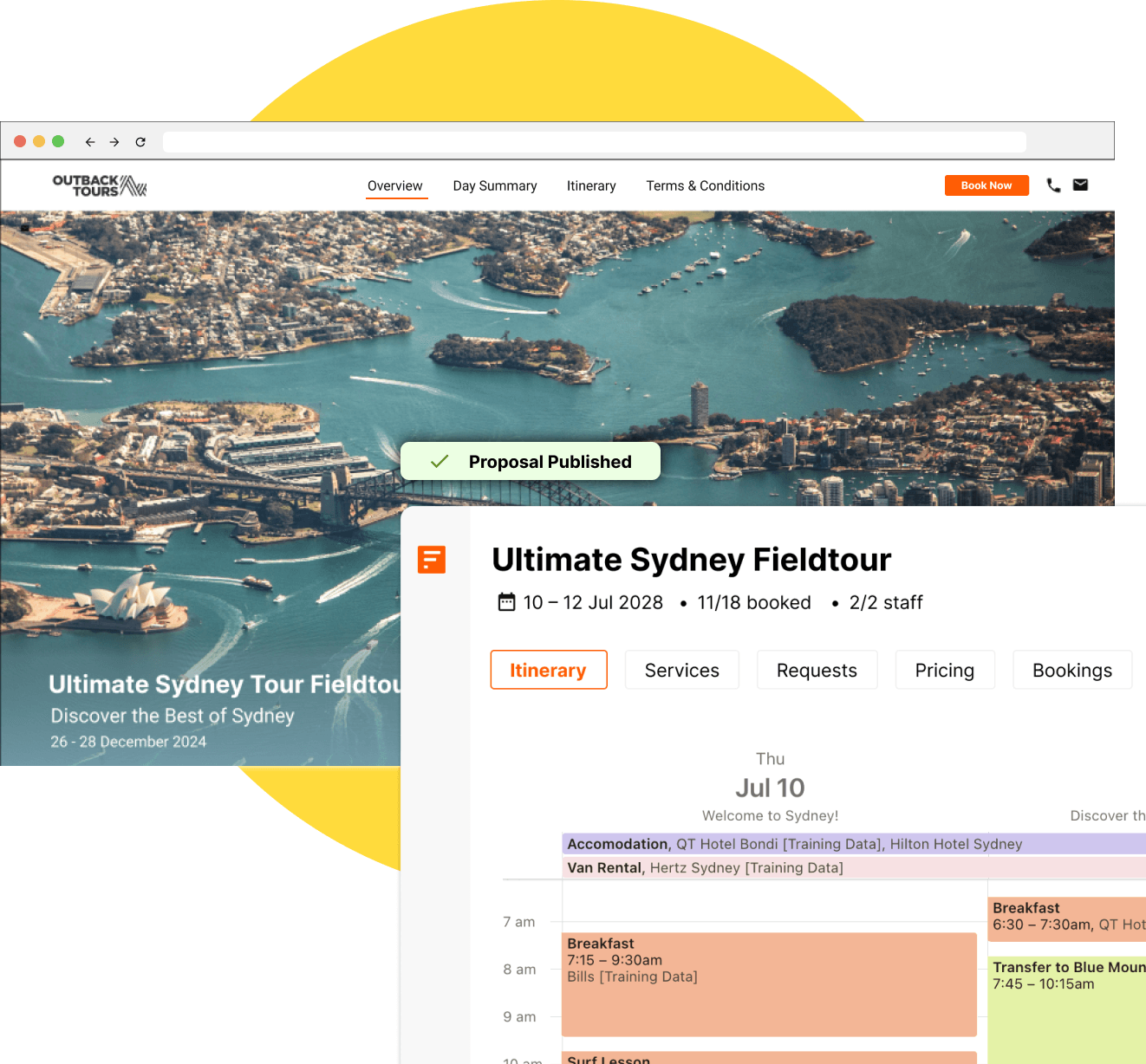 Brochures + proposals are automatically synced with the operational itinerary