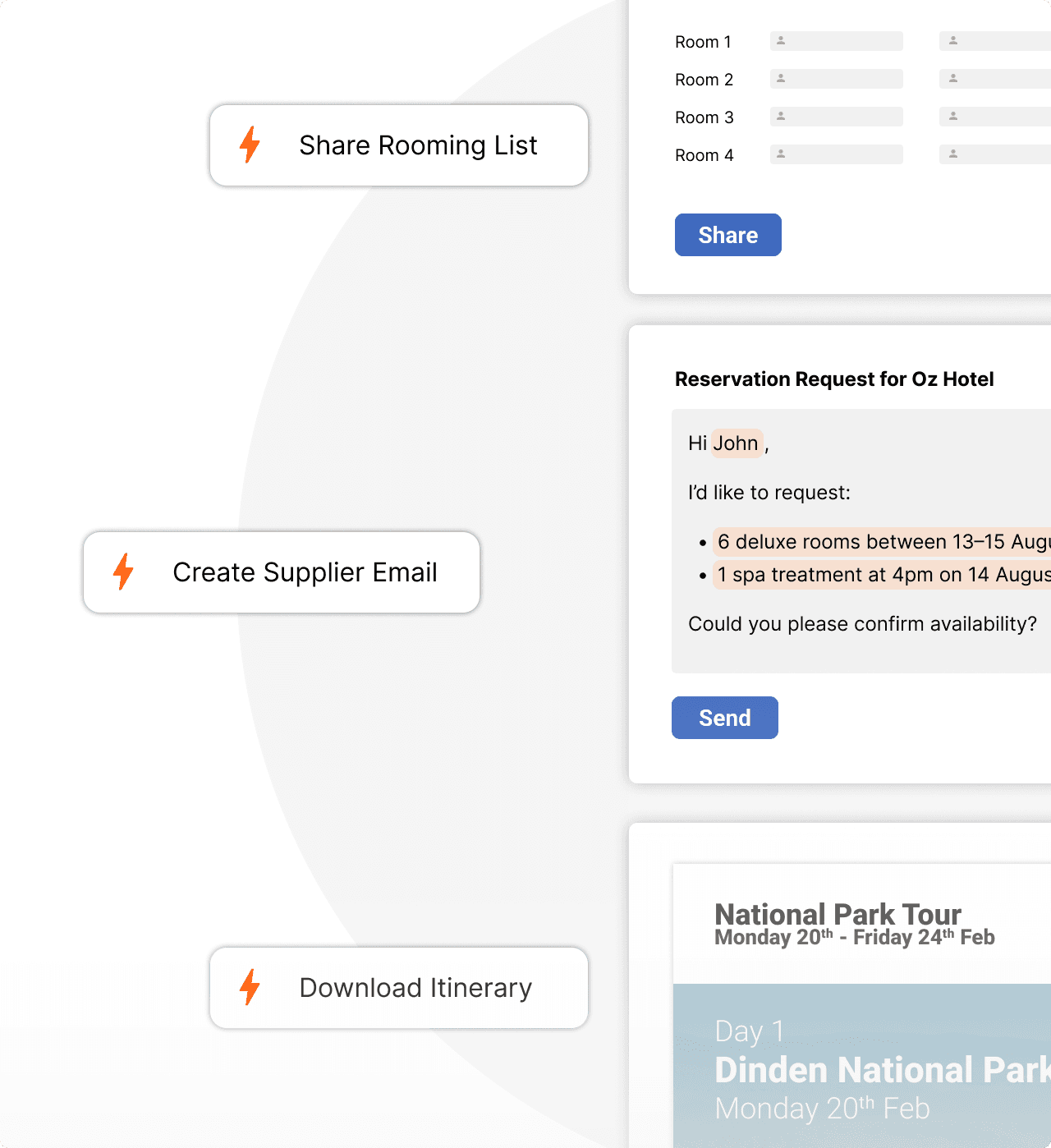 Examples of tour automations, including sharing rooming lists, itineraries, and emailing suppliers